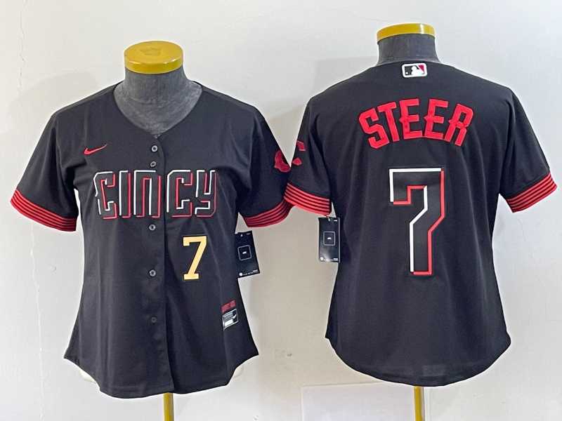 Women%27s Cincinnati Reds #7 Spencer Steer Numer Black 2023 City Connect Cool Base Stitched Baseball Jersey